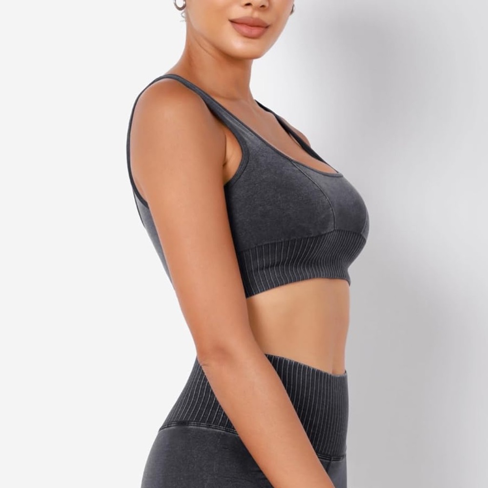 Seamless Square Neck Sports Bra Women Ribbed Crop Tank Casual Low Back Crop Tops - Picture 5 of 8